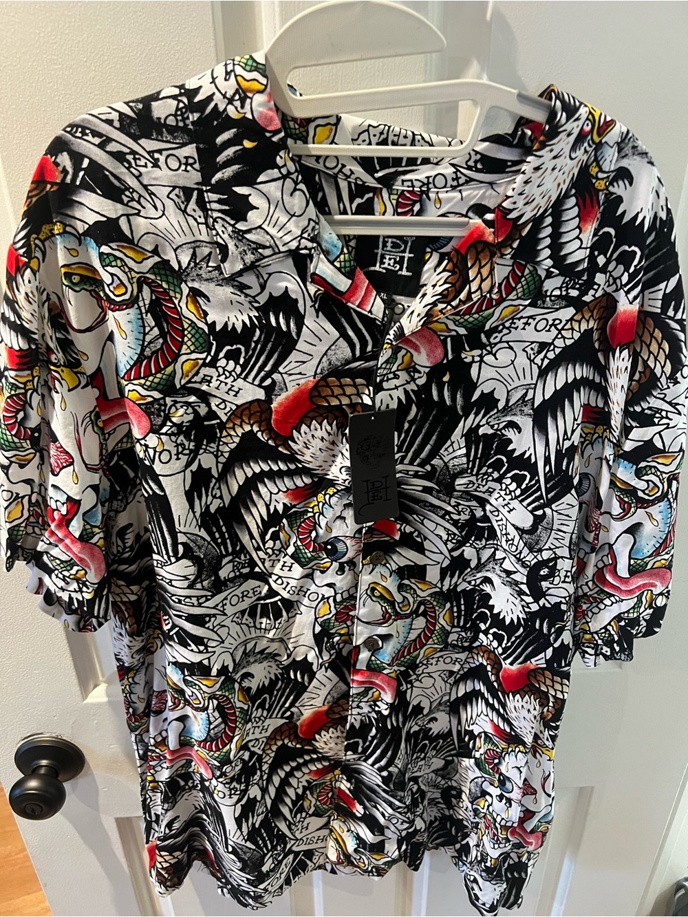 Ed Hardy Black Multicolor Tattoo-Print Short Sleeve Button-Down Shirt